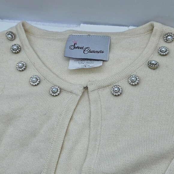Sweet Charmers Ivory Cropped Cardigan Pearl Embellished Neckline Long Sleeves Wo - Picture 4 of 14